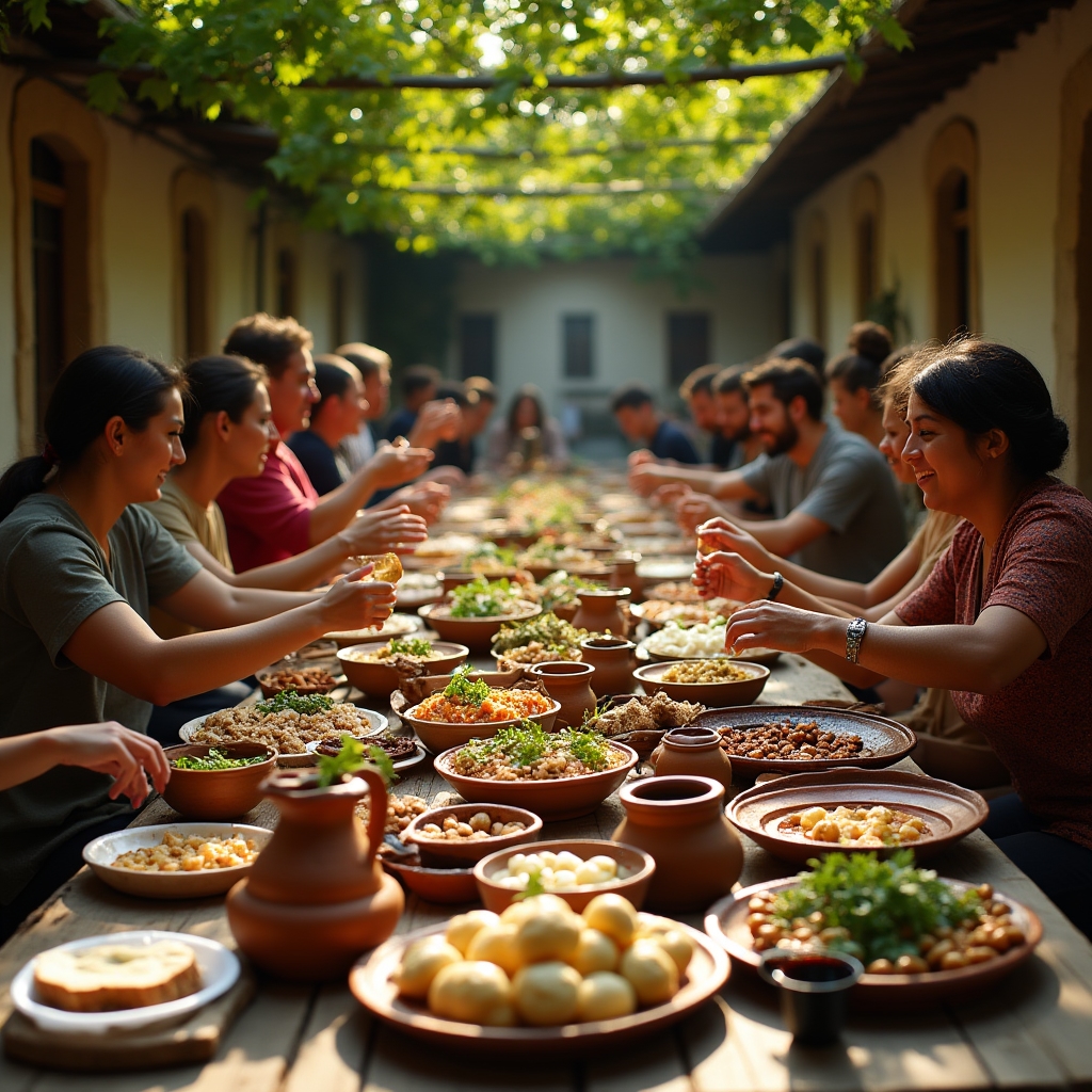 Грузинская супра с традиционными блюдами и вином в квеври
